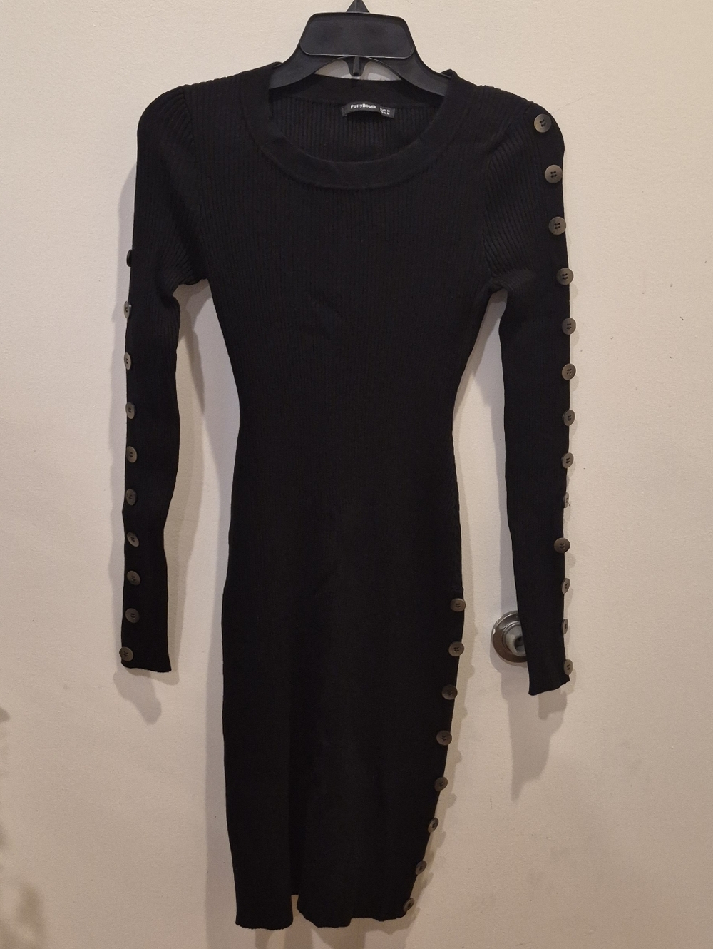 PattyBoutik Black Ribbed Button-Trim Long Sleeve Knit Dress